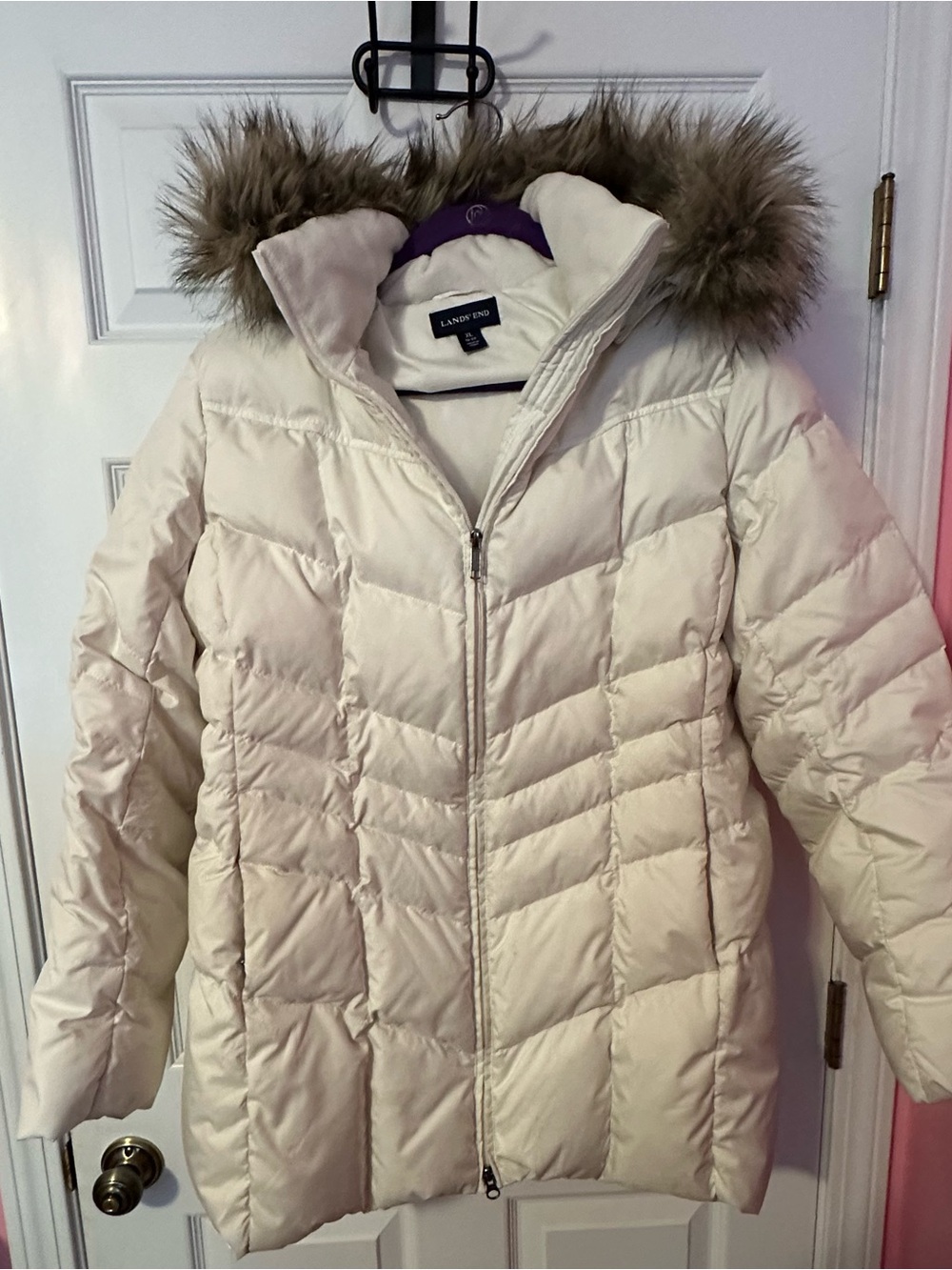 Lands' End Women's Pale Cream Quilted Puffer Coat with Faux Fur Hood